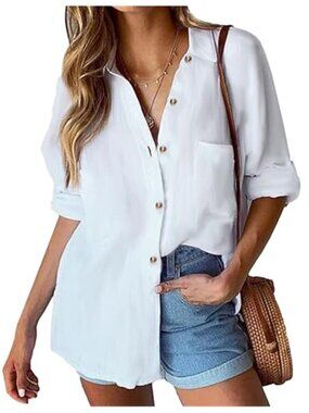 White Cotton Linen Button Down Shirt Womens Long Sleeve Collared Blouse Pocket